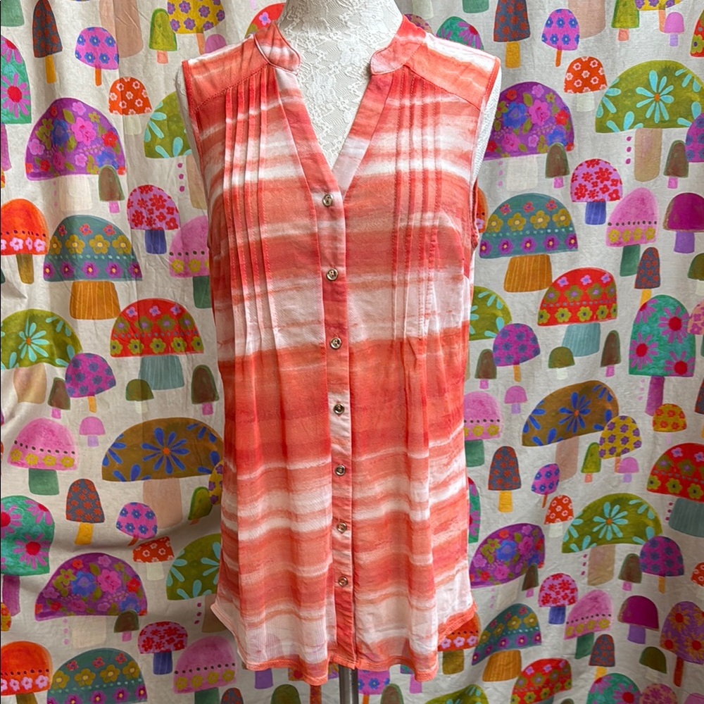 PerSeption Concept Sheer Button Down Sleeveless Blouse. Large